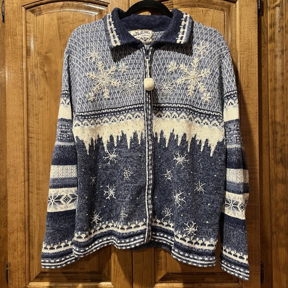 Heirloom Collectibles Grannycore Winter Snowflakes Zip Cardigan Sweater Sz M‎
